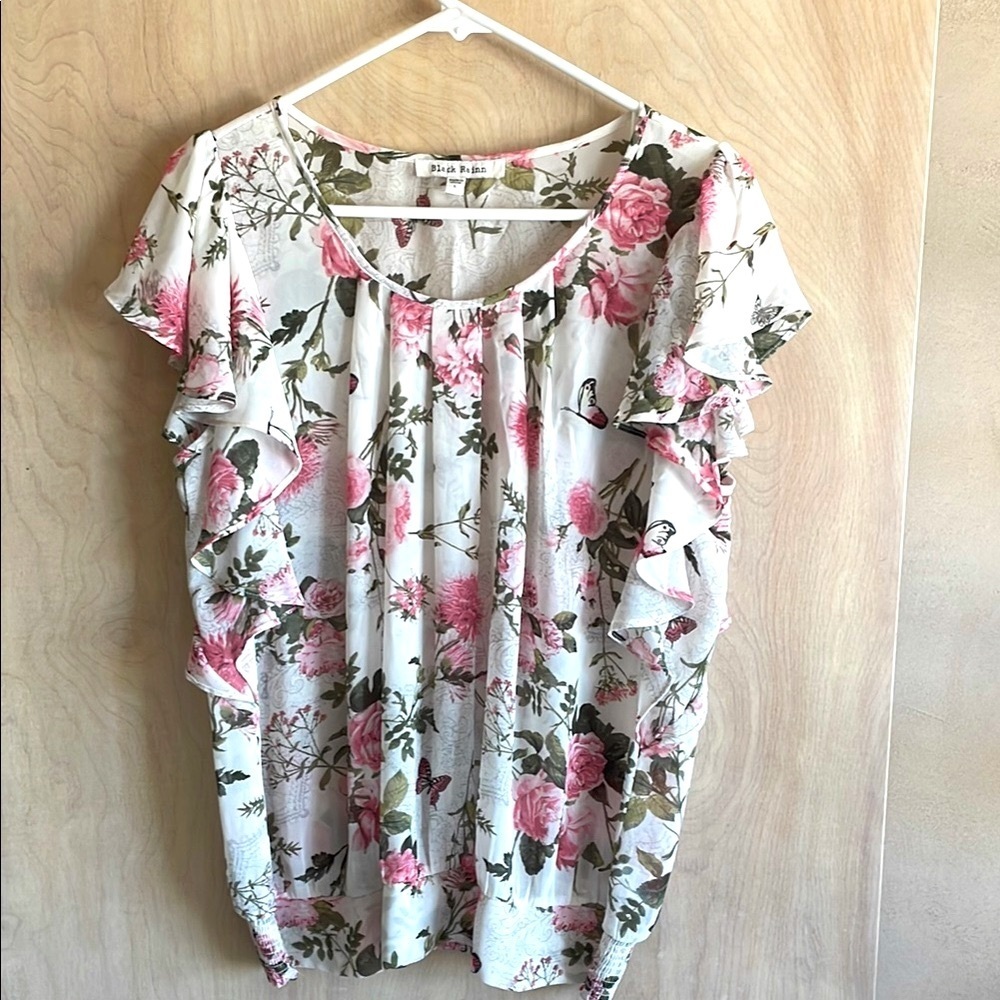 Black Rainn Floral Ruffle Blouse Pink White Top Sz: L